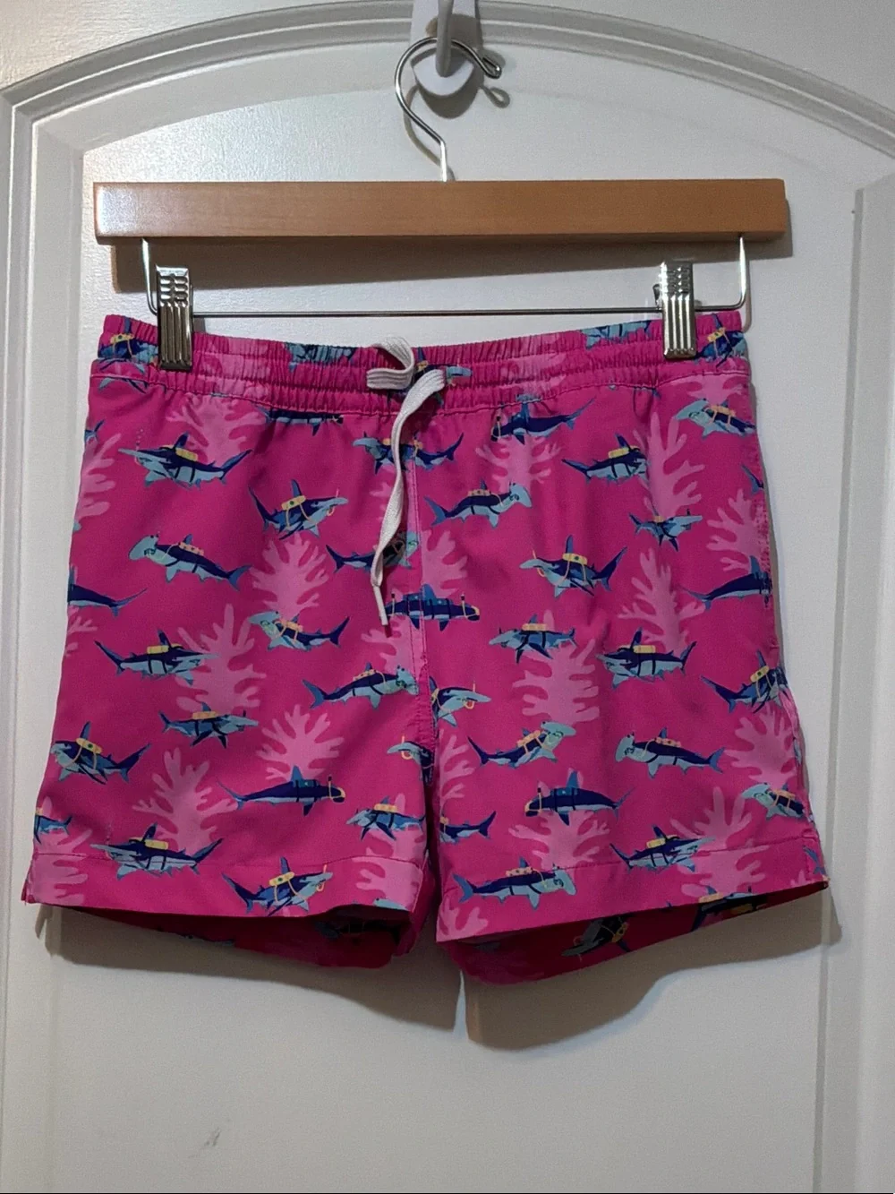 Boys Chubbies Pink Shark Print Swim Shorts size M 10/12